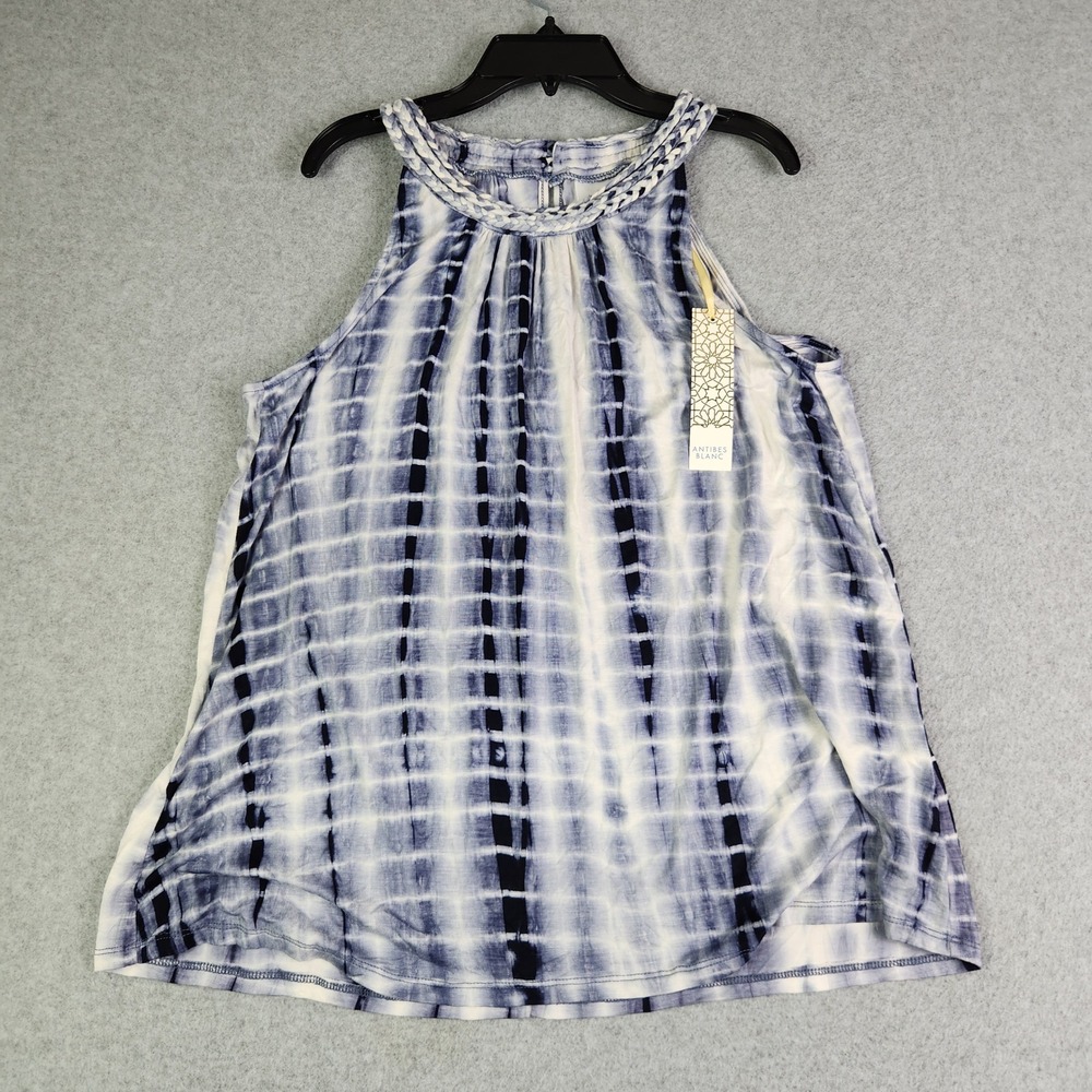 Antibes Blanc Tank Top Womens Large Blue Tie Dye Rayon Stretch Braided Neck